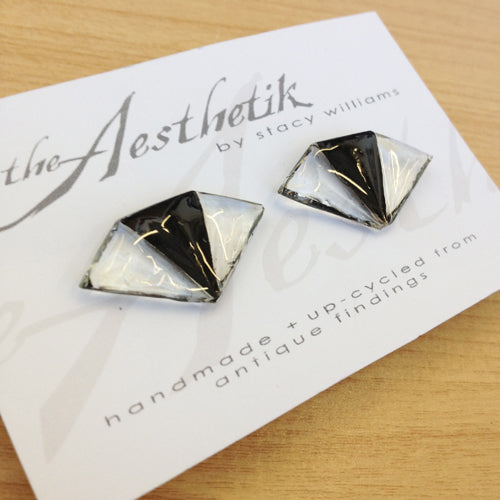 Upcycled Clear and Black Diamond MidCentury Modern Glass Stud Earrings