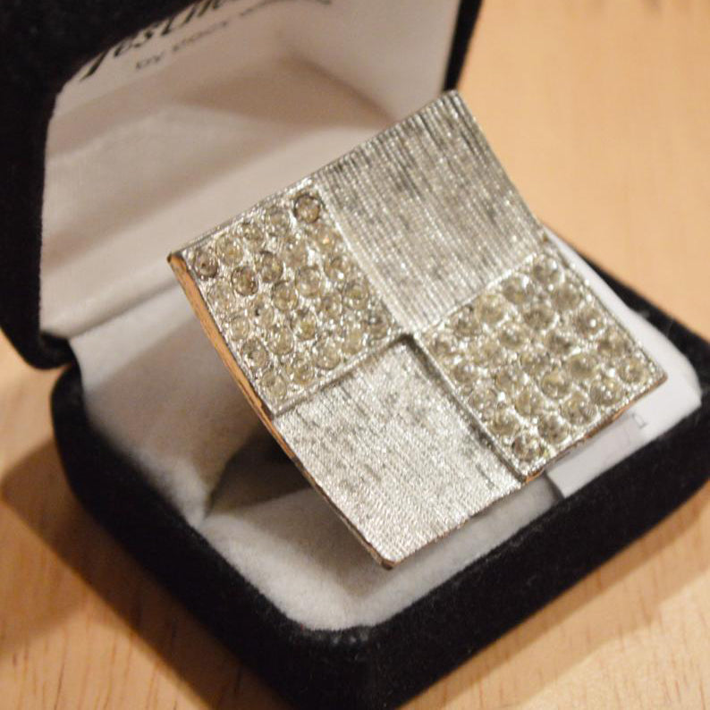 Upcycled Mid Century Modern Oversized Square Rhinestone Statement Sterling Silver Ring