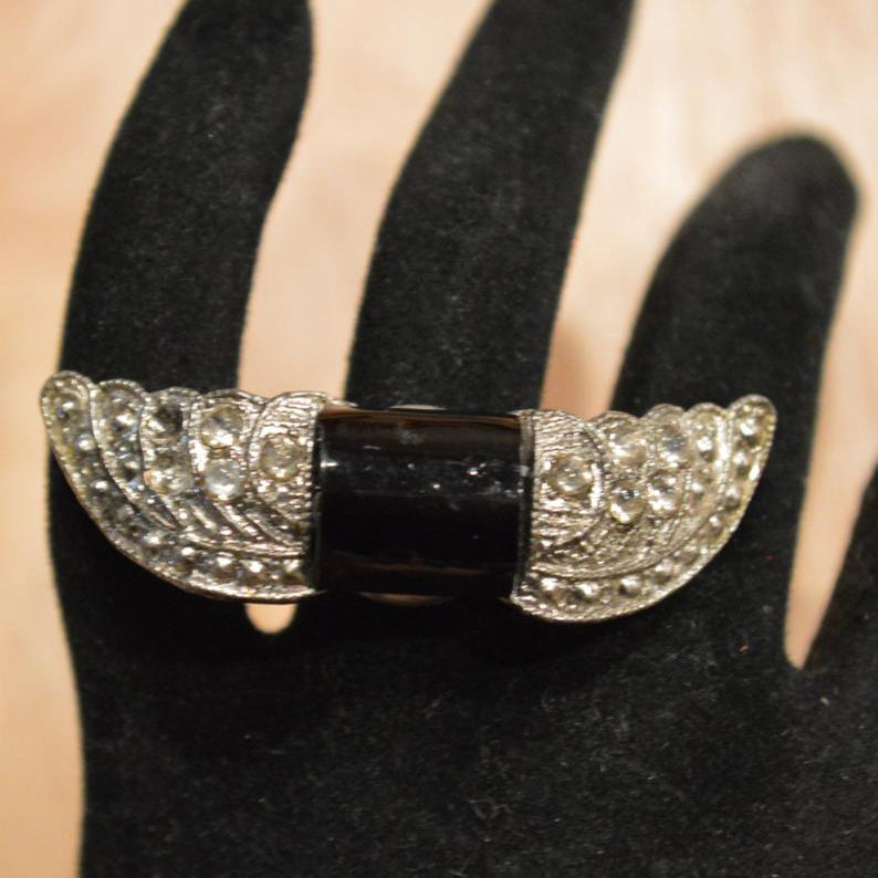Upcycled Art Deco Black Glass and Rhinestone Wings Sterling Silver Statement Ring