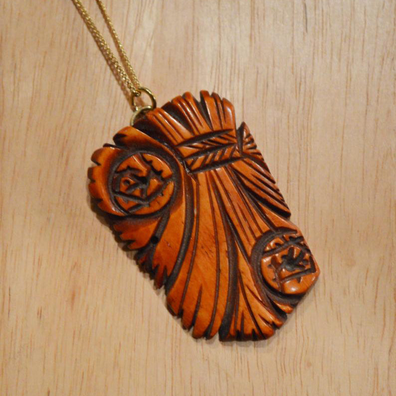 Upcycled MidCentury Modern Brown Bakelite Tiki Pendant with Rhinestones Sterling Silver Necklace