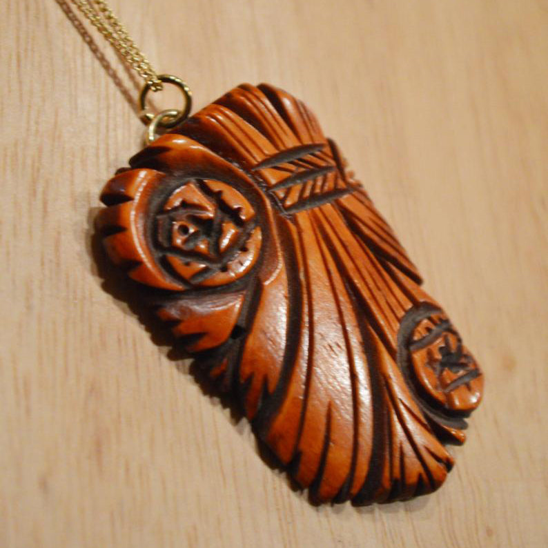 Upcycled MidCentury Tiki Aloha Brown Floral Pendant 14k Gold Necklace