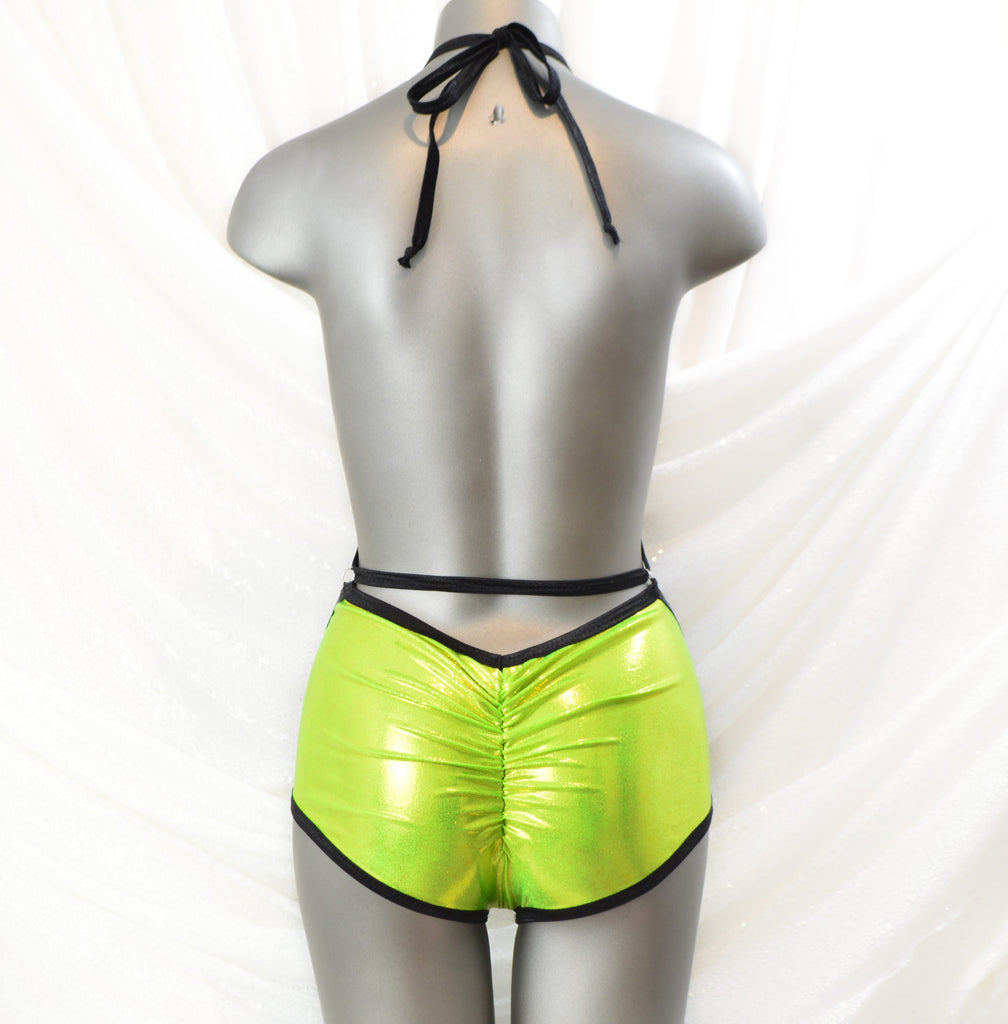 Metallic Lime Green Lycra Convertible Strap Scrunchie Butt Shorts