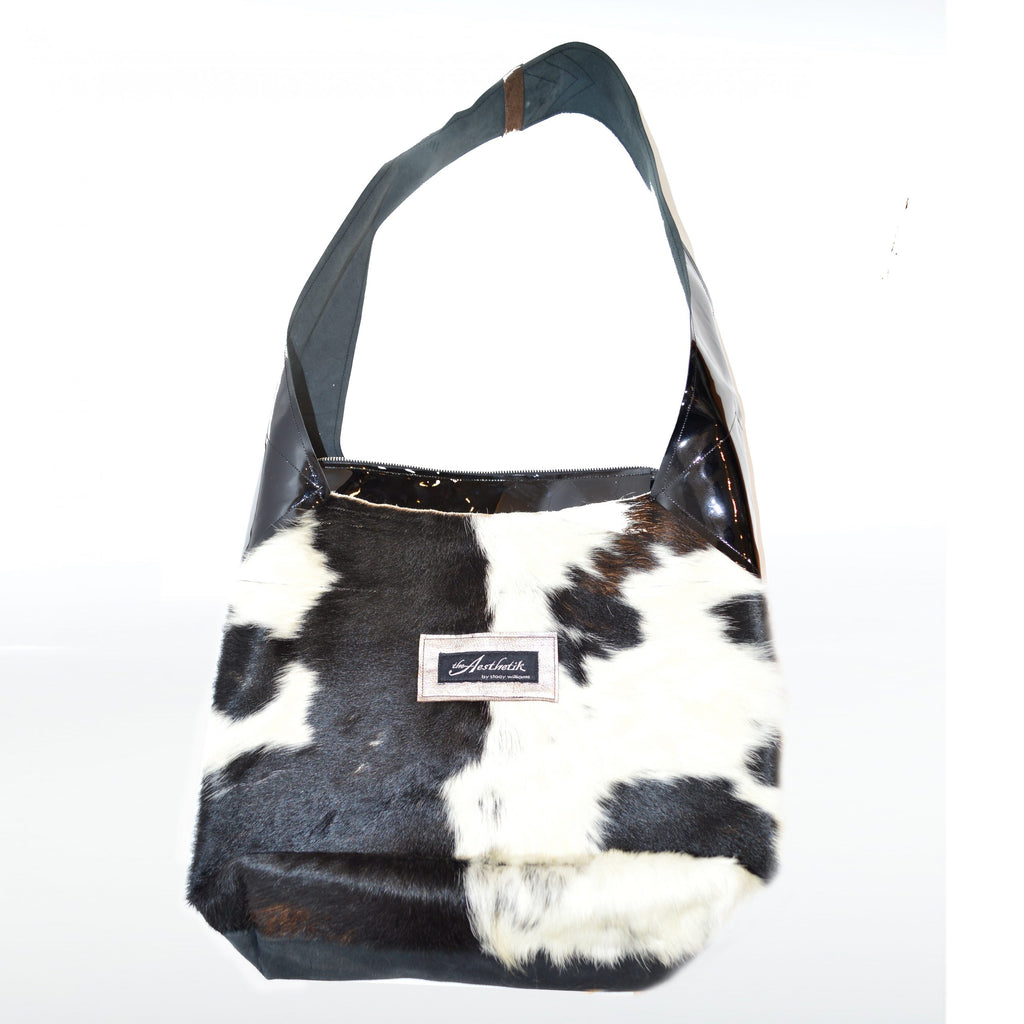 Black and White Calf Hair and Leather Tote Purse Cross Body Bag