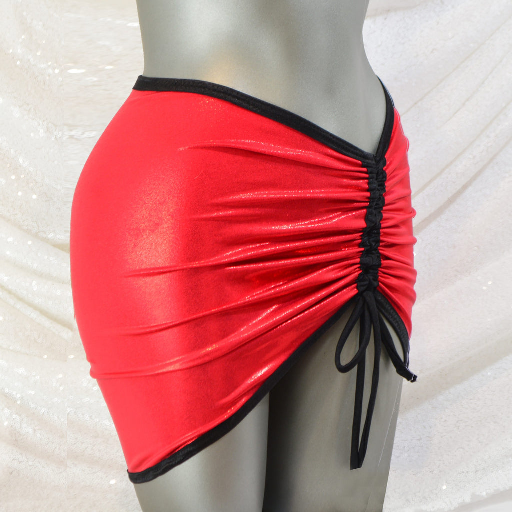 Red Metallic Lycra Drawstring Mini Skirt