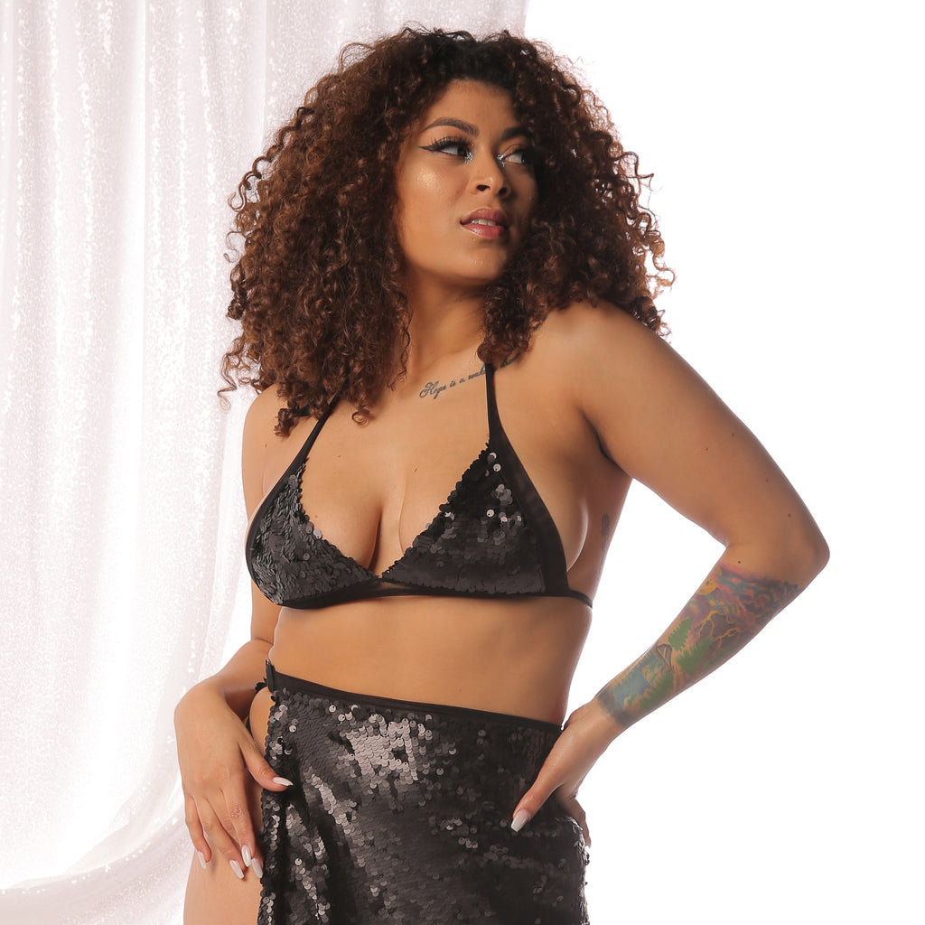 Black Stretch Matte Sequin and Mesh Triangle Bikini Halter Thong and Wrap Mini Skirt with Slit