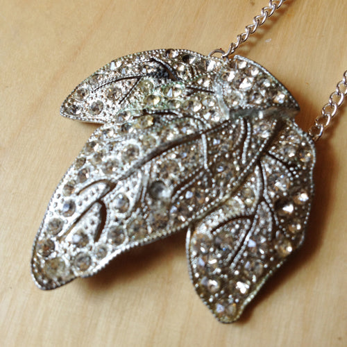 Upcycled Art Deco Rhinestone Leaf Pendant Sterling Silver Necklace