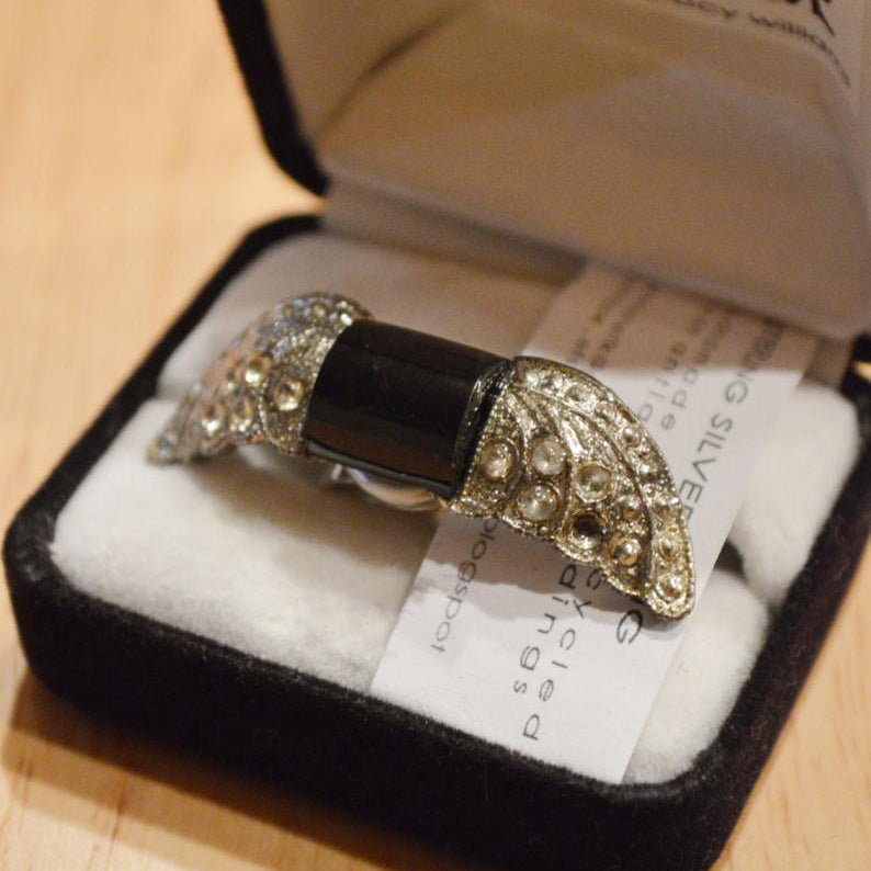 Upcycled Art Deco Black Glass and Rhinestone Wings Sterling Silver Statement Ring