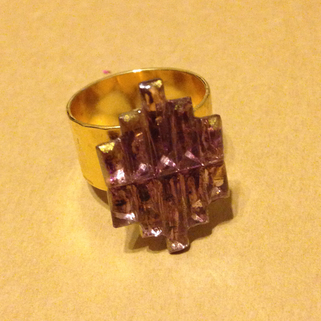 Upcycled Art Deco Violet Mirrored Pyramid Glass 14k Gold Ring