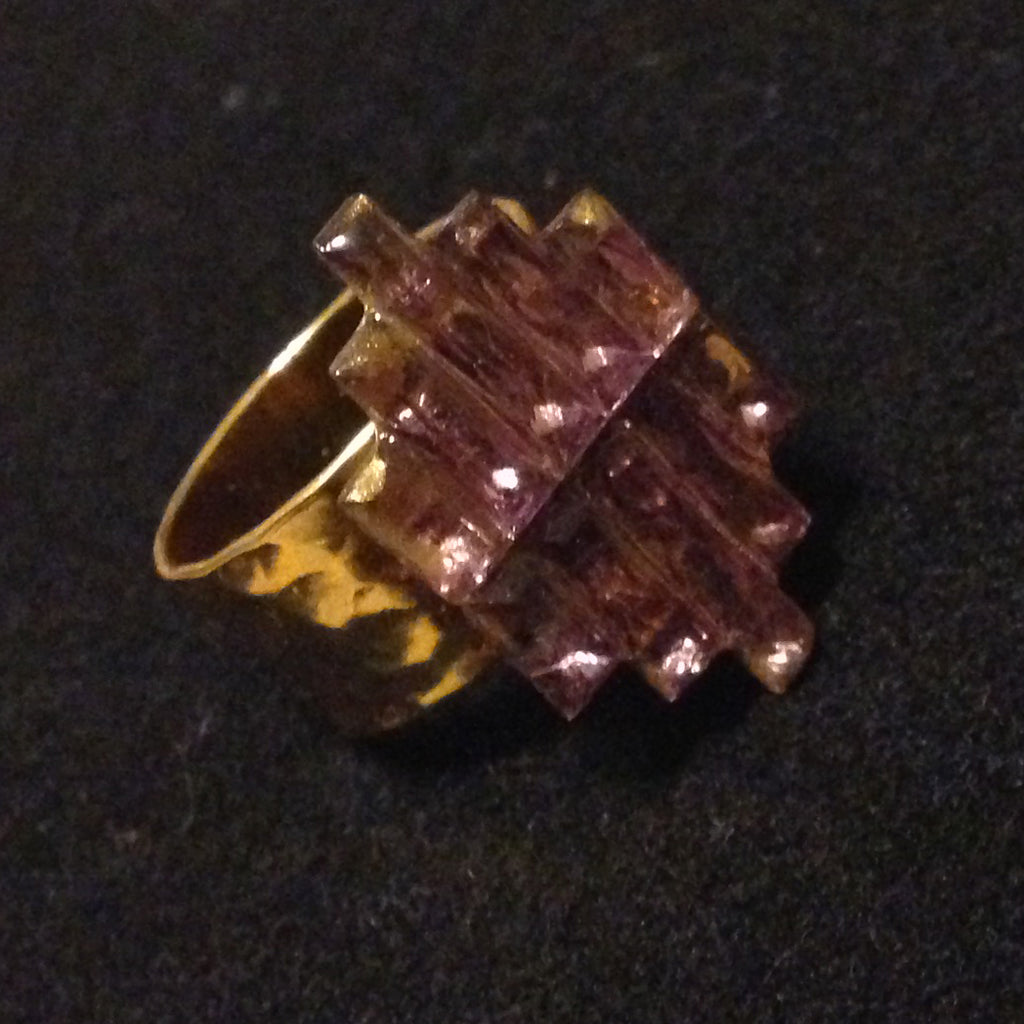 Upcycled Art Deco Violet Mirrored Pyramid Glass 14k Gold Ring