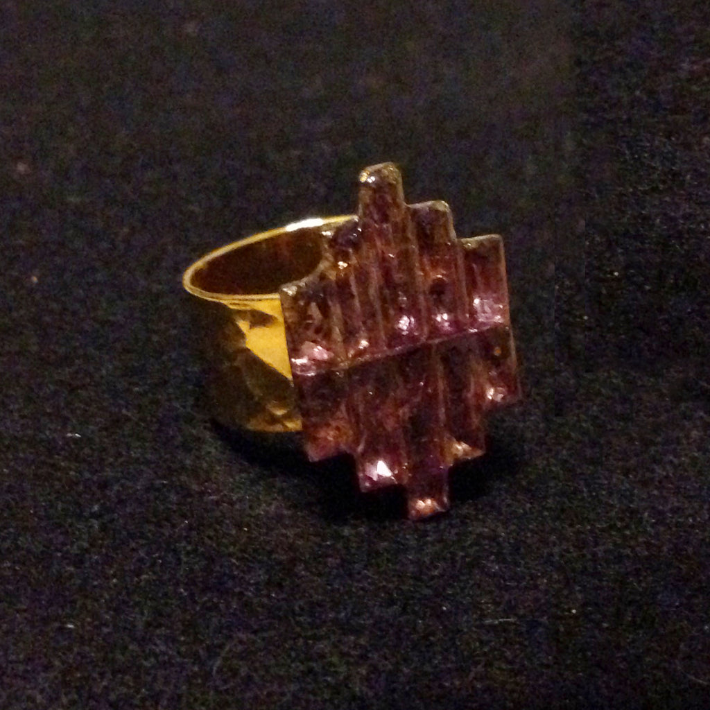 Upcycled Art Deco Violet Mirrored Pyramid Glass 14k Gold Ring