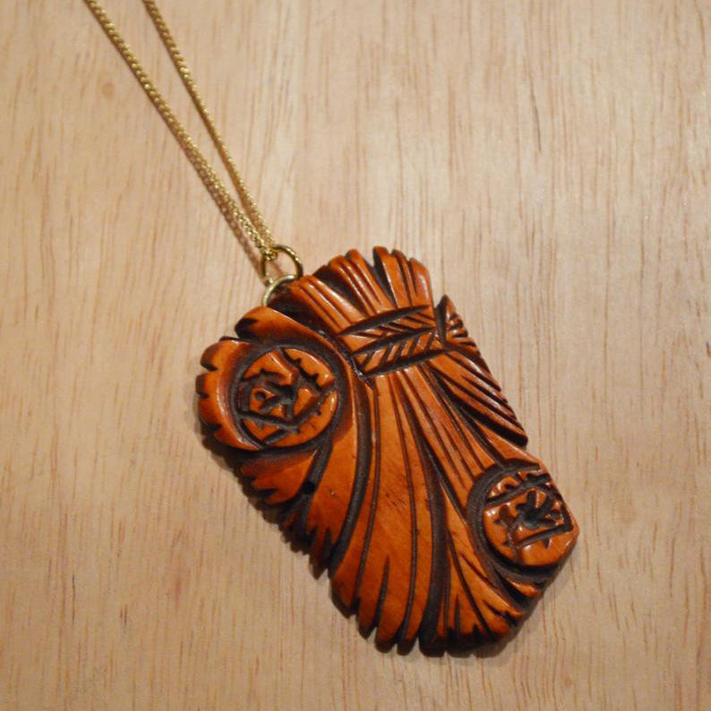 Upcycled MidCentury Modern Brown Bakelite Tiki Pendant with Rhinestones Sterling Silver Necklace