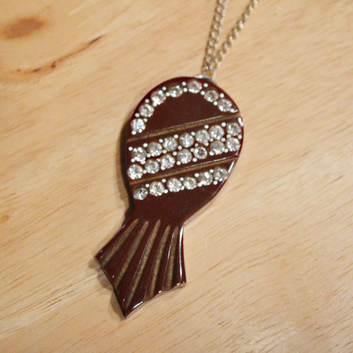 Upcycled MidCentury Modern Brown Bakelite Tiki Pendant with Rhinestones Sterling Silver Necklace