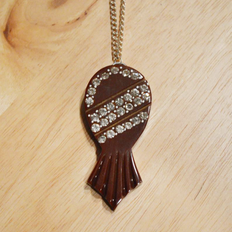 Upcycled MidCentury Modern Brown Bakelite Tiki Pendant with Rhinestones Sterling Silver Necklace