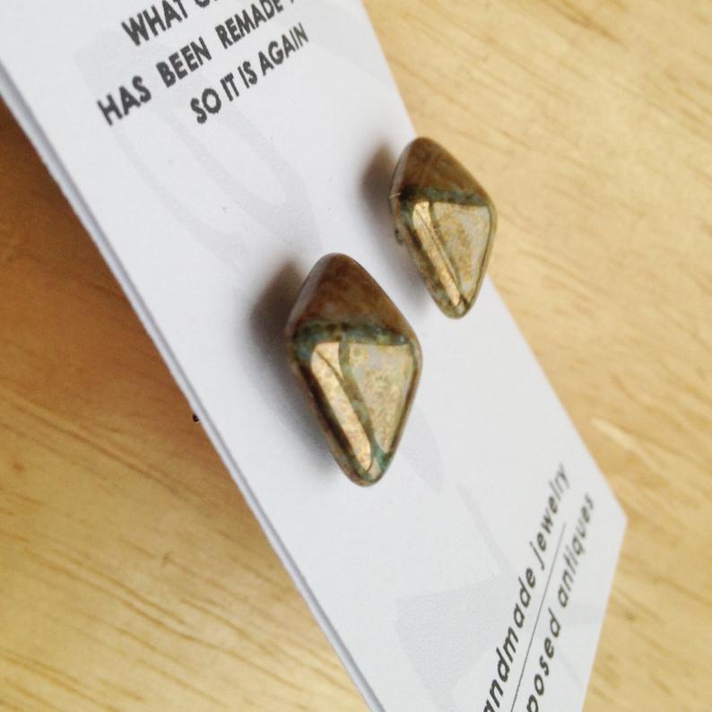 Upcycled Bronze Pyramid Czec Glass Earring Studs