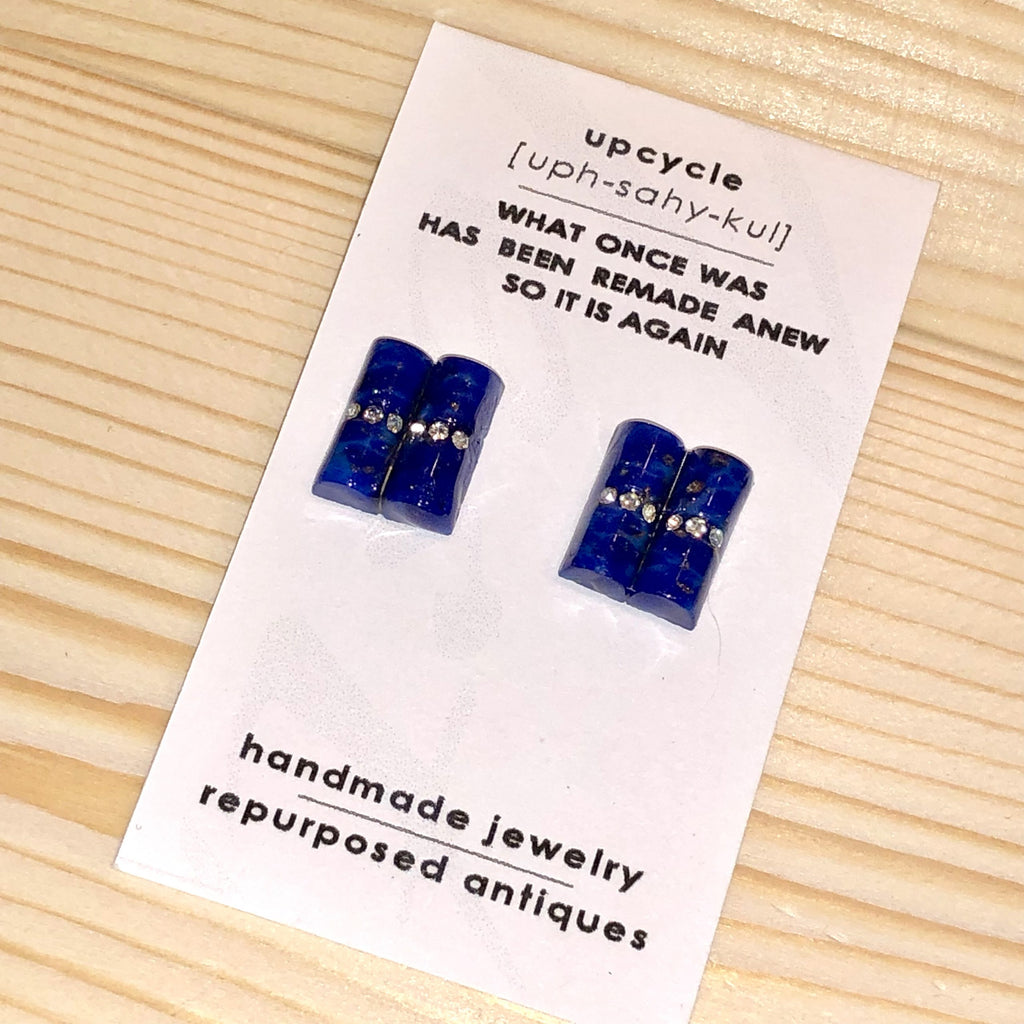 Upcycled Vintage Mod Mid Century Modern Cobalt Blue with Rhinestones Stud Earrings
