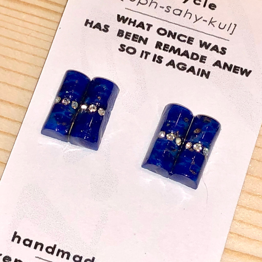 Upcycled Vintage Mod Mid Century Modern Cobalt Blue with Rhinestones Stud Earrings