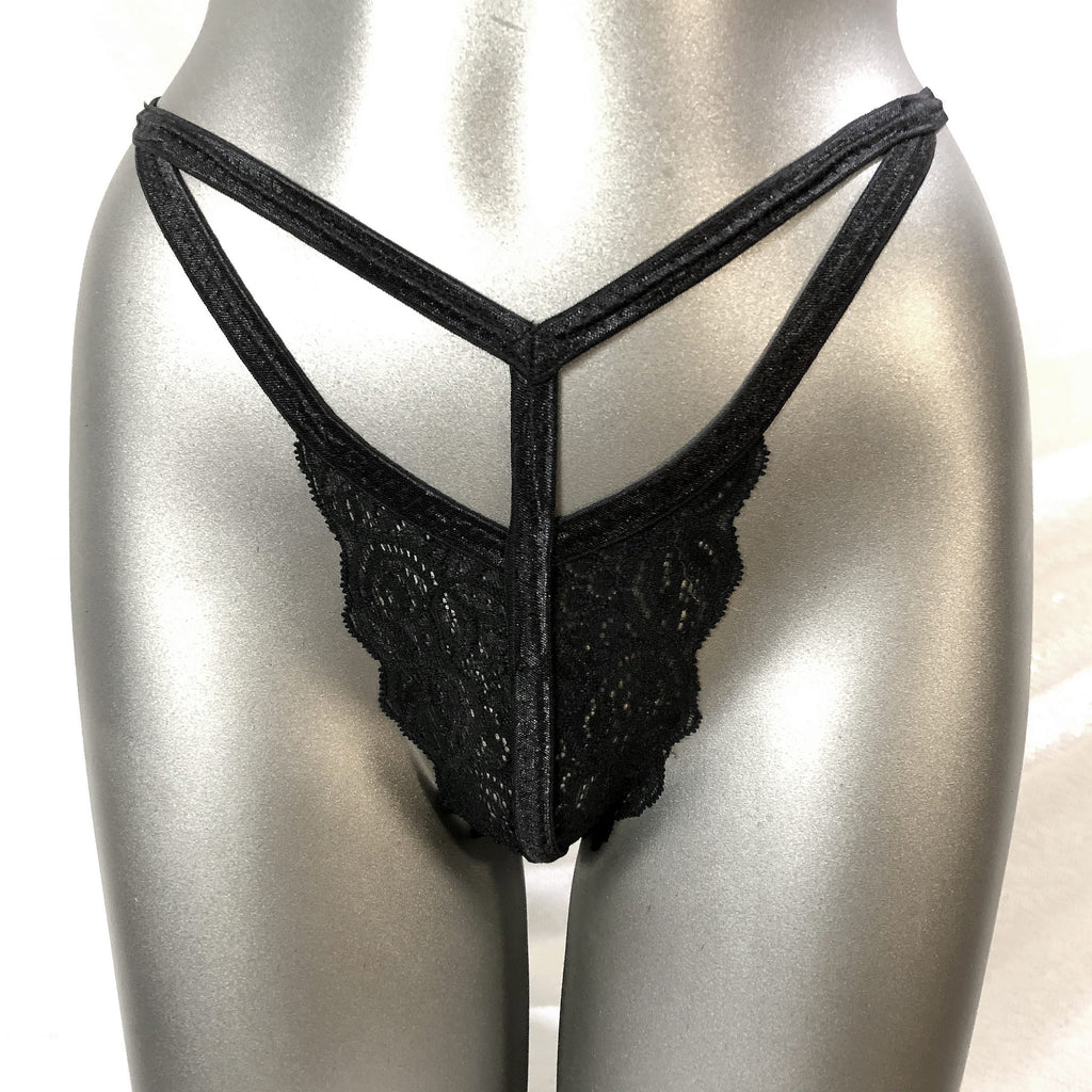 Black Stretch Lace Caged Lingerie Thong