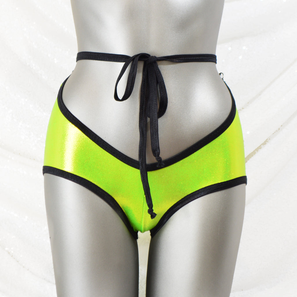 Metallic Lime Green Lycra Convertible Strap Scrunchie Butt Shorts