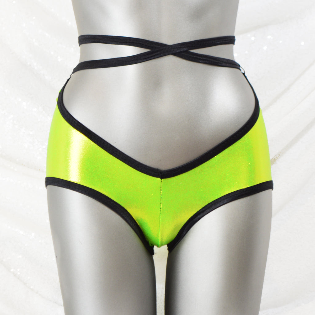 Metallic Lime Green Lycra Convertible Strap Scrunchie Butt Shorts