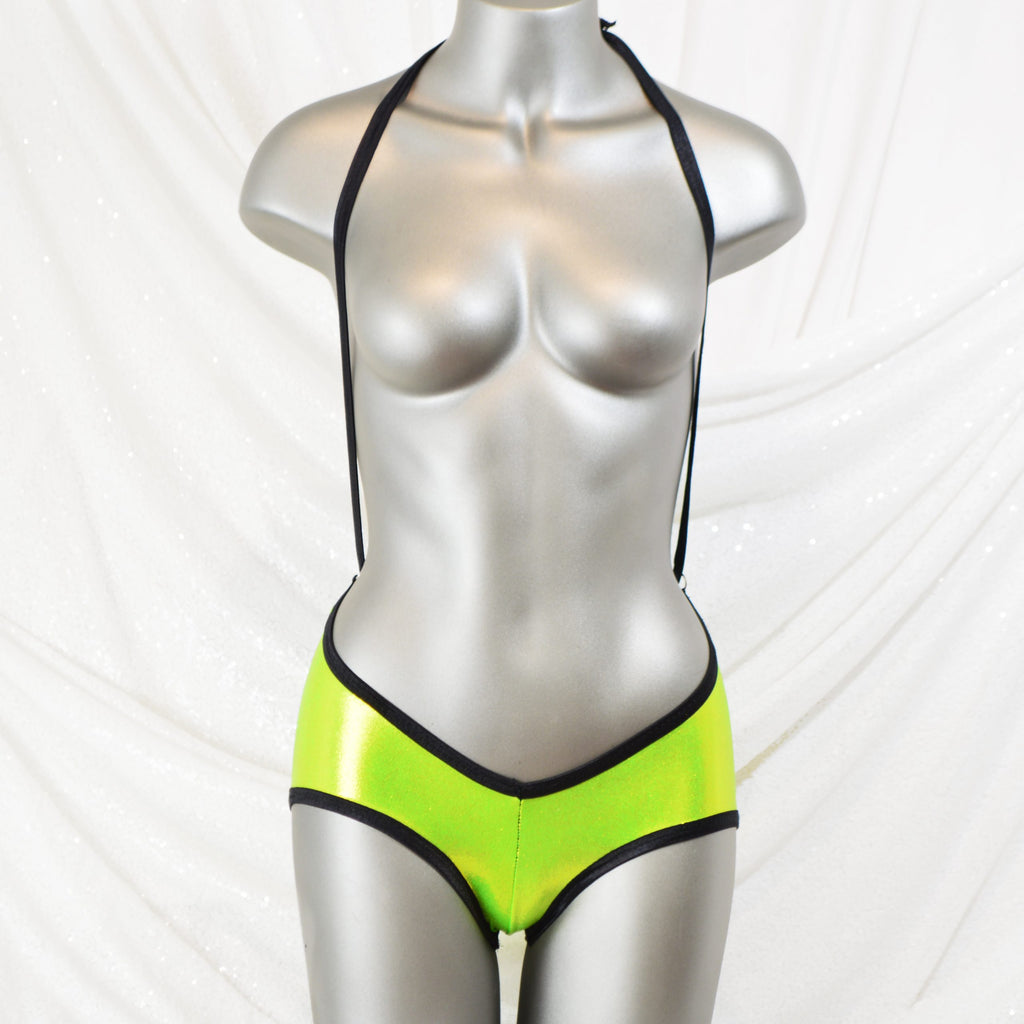 Metallic Lime Green Lycra Convertible Strap Scrunchie Butt Shorts