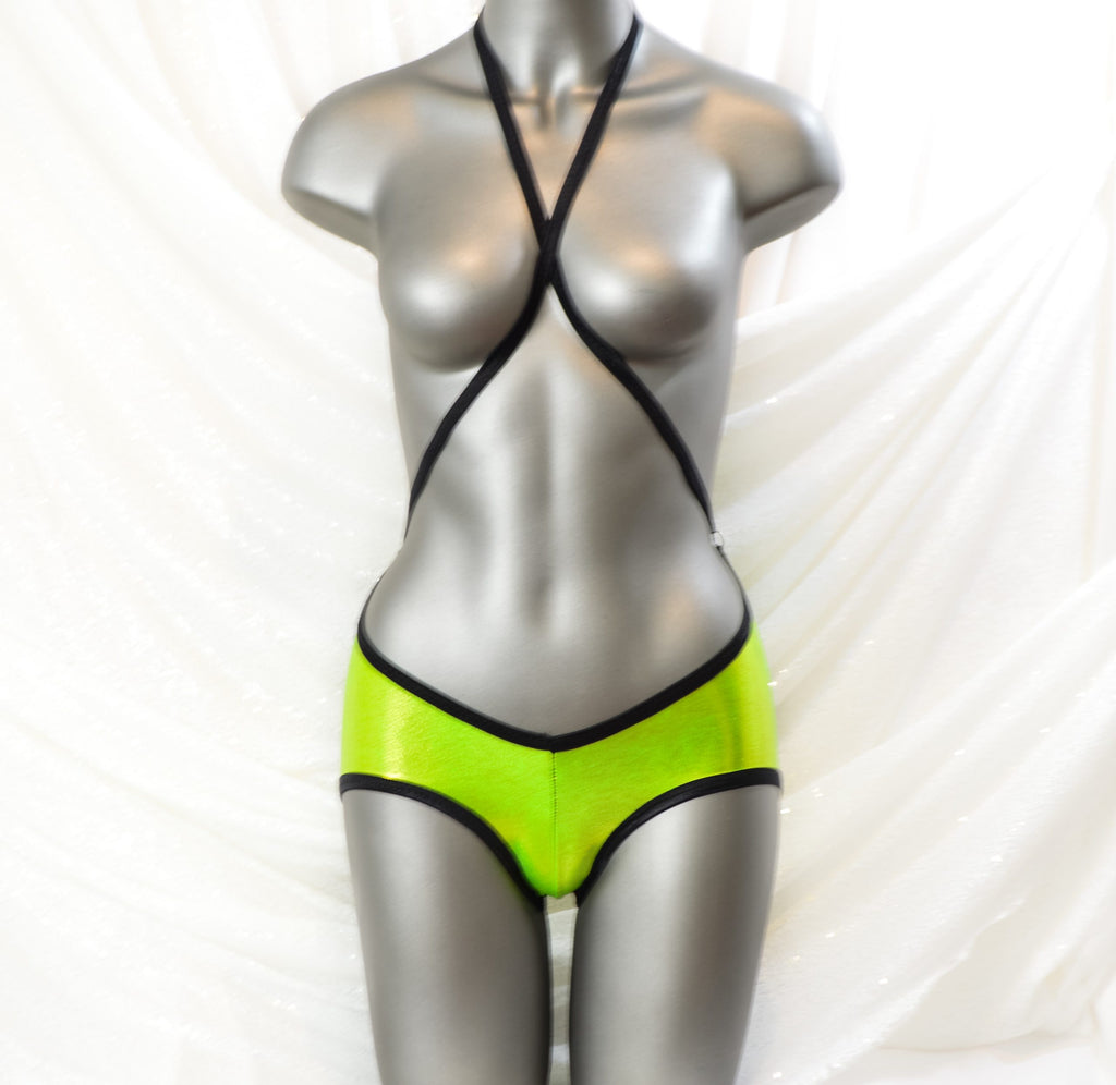 Metallic Lime Green Lycra Convertible Strap Scrunchie Butt Shorts