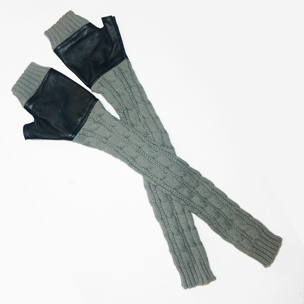 Leather and Grey Cable Knit Opera Fingerless Gloves