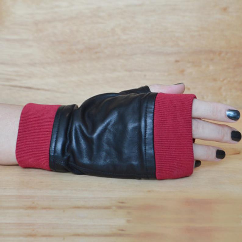 Black Leather with Red Ribbed Knit Trim Fingerless Gloves