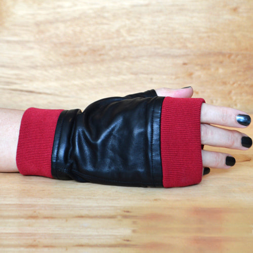 Black Leather with Red Ribbed Knit Trim Fingerless Gloves