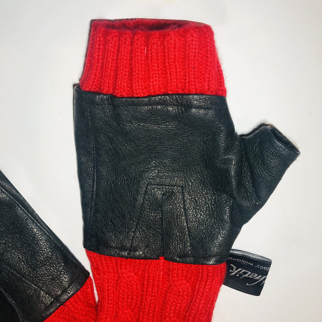 Leather and Red Cable Knit Opera Fingerless Gloves