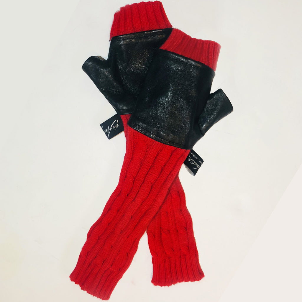 Leather and Red Cable Knit Opera Fingerless Gloves