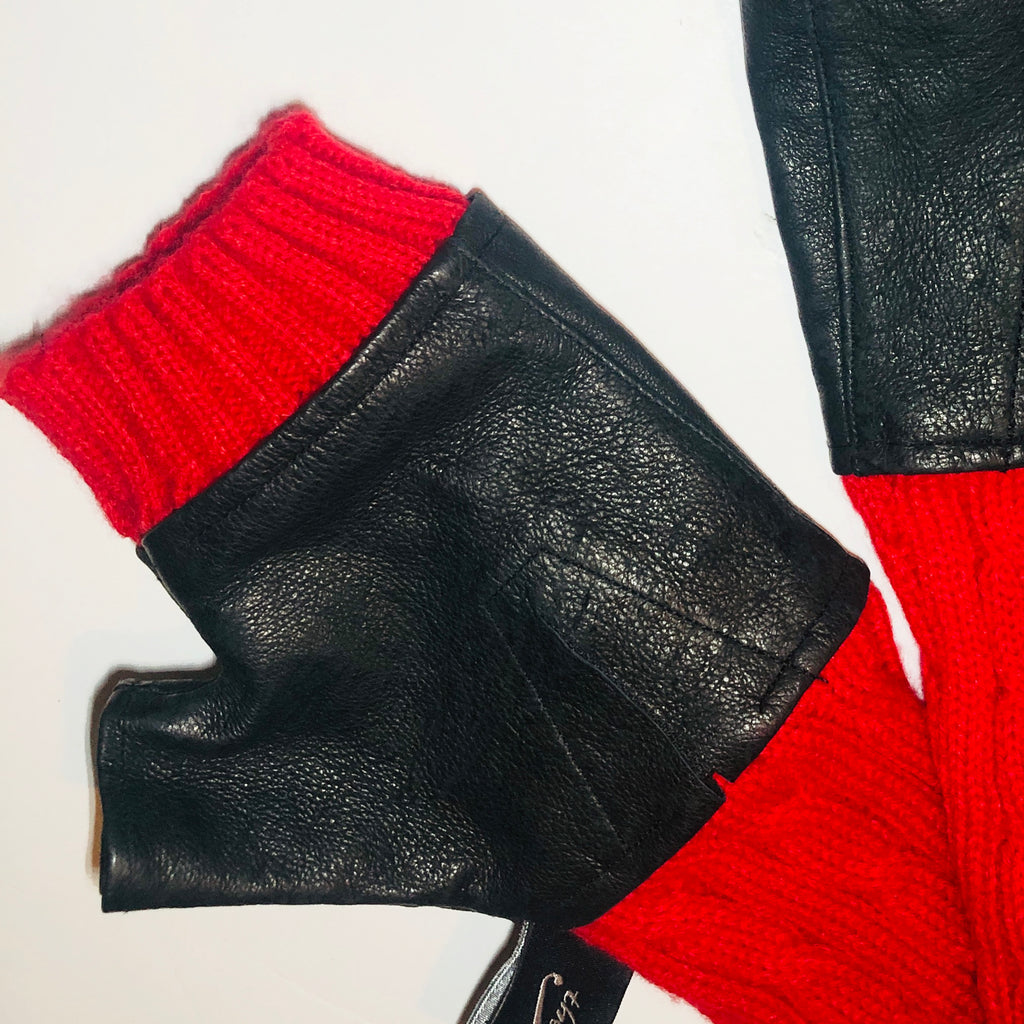 Leather and Red Cable Knit Opera Fingerless Gloves