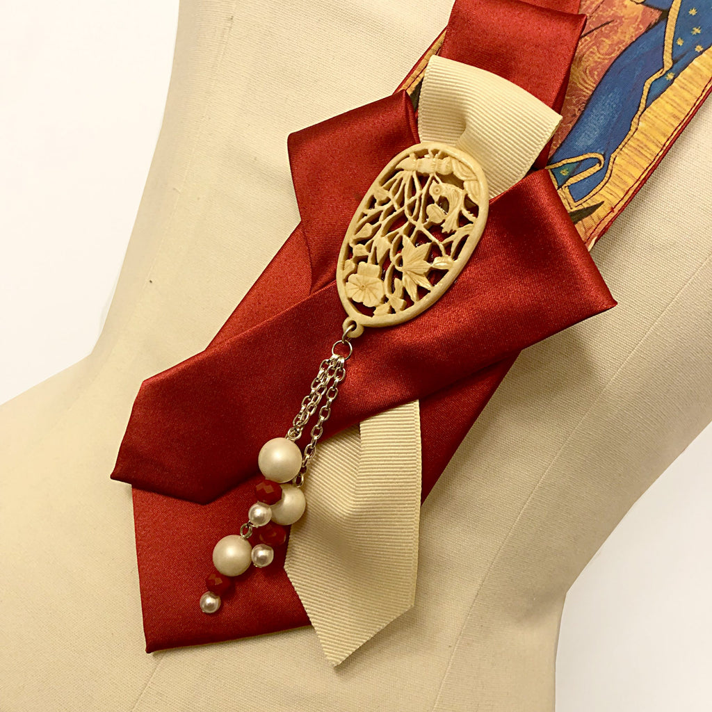 Red Satin Virgin Mary and Vintage Pearl Tassel with Art Deco Pendant Upcycled Tie Necklace