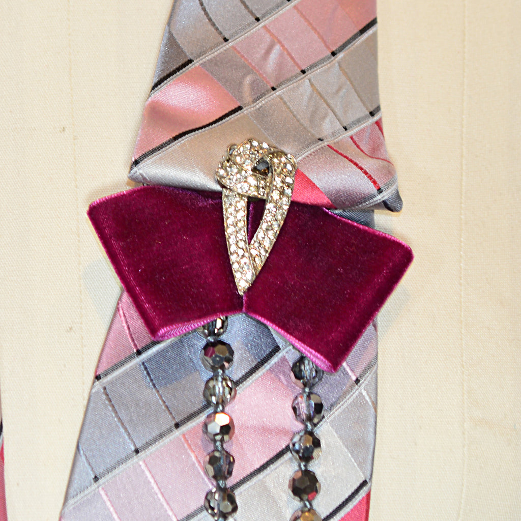 Pink and Grey Plaid Swavroski Crystal and Art Deco Rhinestone Upcycled Tie Necklace