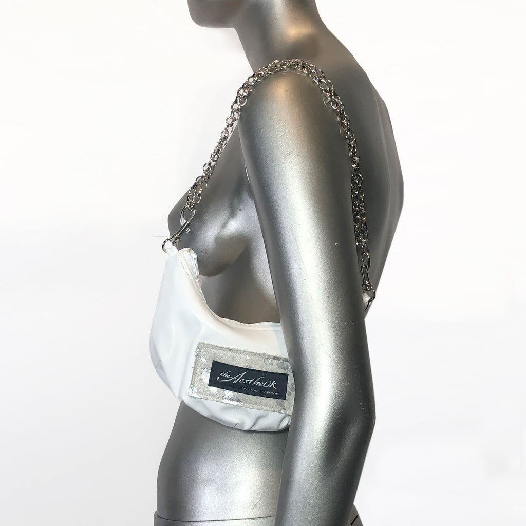 White Patent Leather Convertible Hip Pouch Cross Body Bag Baguette Purse