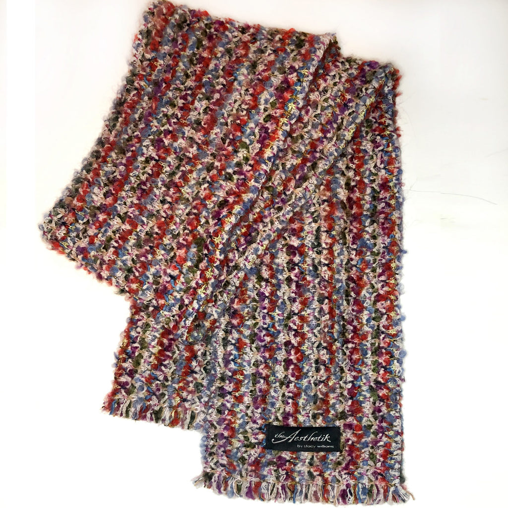 Red Multicolor w Metallic Thread Organic Wool Blend Fringe Scarf