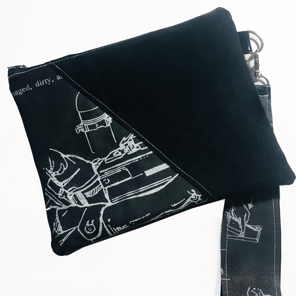 Black Leather Suede Patchwork Convertible Clutch Wallet